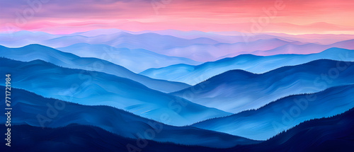 The image depicts rolling blue mountains beneath a vibrant pink and purple sky  evoking a calm yet awe-inspiring mood
