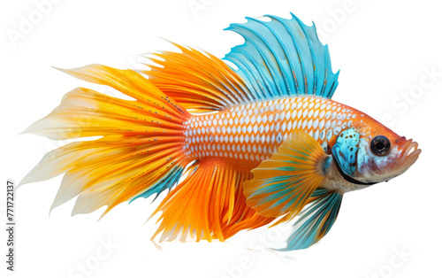 A fish with vibrant colors and intricate scales swims elegantly against a stark white background