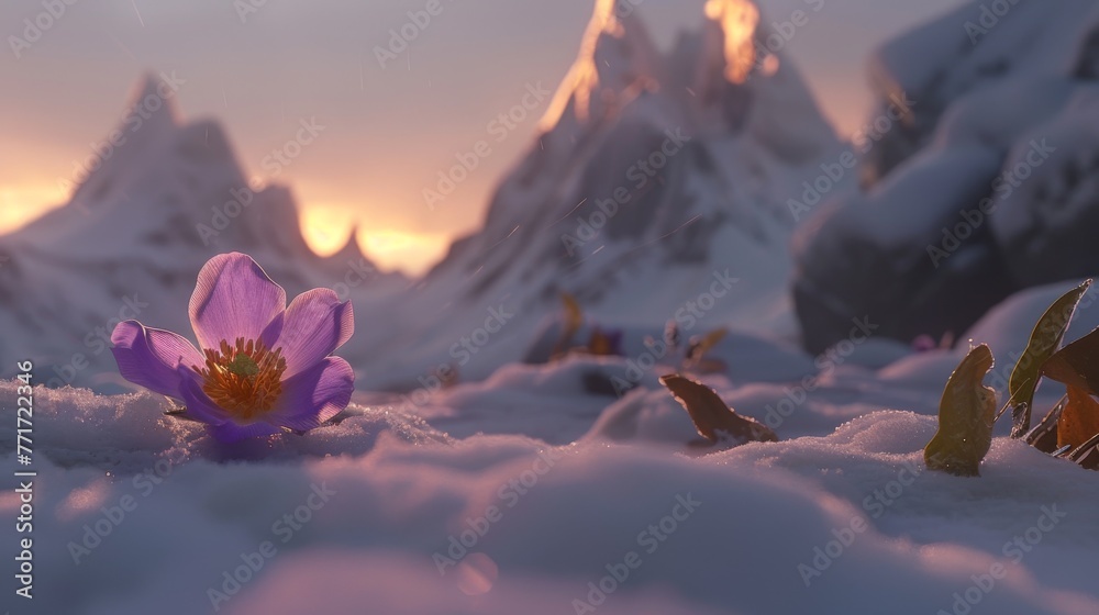  Purple flower in snowy field with mountains in background - obrazy, fototapety, plakaty 