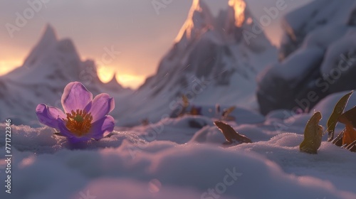  Purple flower in snowy field with mountains in background © Anna