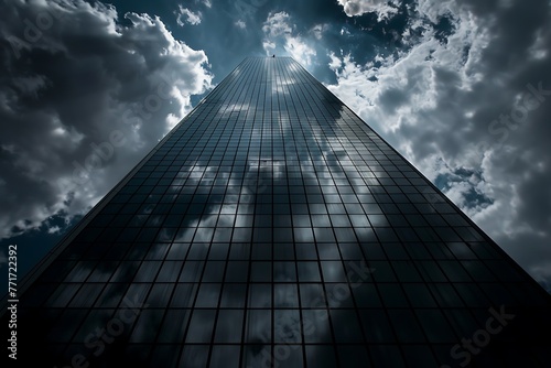   A towering skyscraper with sharp contrast between its glass facade and dark shadows 