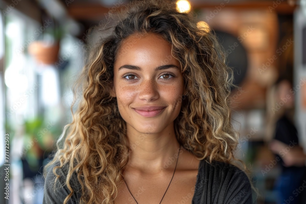 Fototapeta premium An alluring young woman with a confident smile and sunlit curly hair