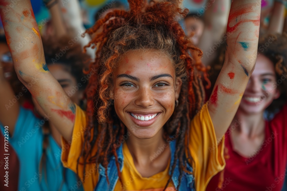 A joyful young woman at a festive event, her face painted with bright colors