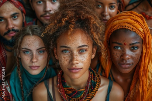 A multicultural group of young adults with freckles confidently engaging with the viewer, symbolizing unity