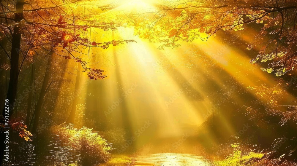 Obraz premium The sun illuminates a path through a forest with a stream in the distance