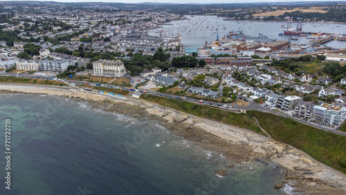 aerial, aerial photo, beach, cliff, coast, DJI Mini 2, docks, drone, drone photo, Falmouth, fields, Gyllyngvase, headland, sea, town, landscape, travel, bay