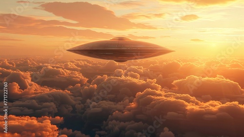 an alien flying saucer floating above the clouds at sunset, photo realistic, dot background, dramatic, motion, freeze motion, , Super-Resolution photo