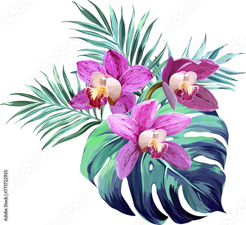 Vector bouquet of tropical flowers. Orchid, monstera, palm, flower of paradise, plumeria