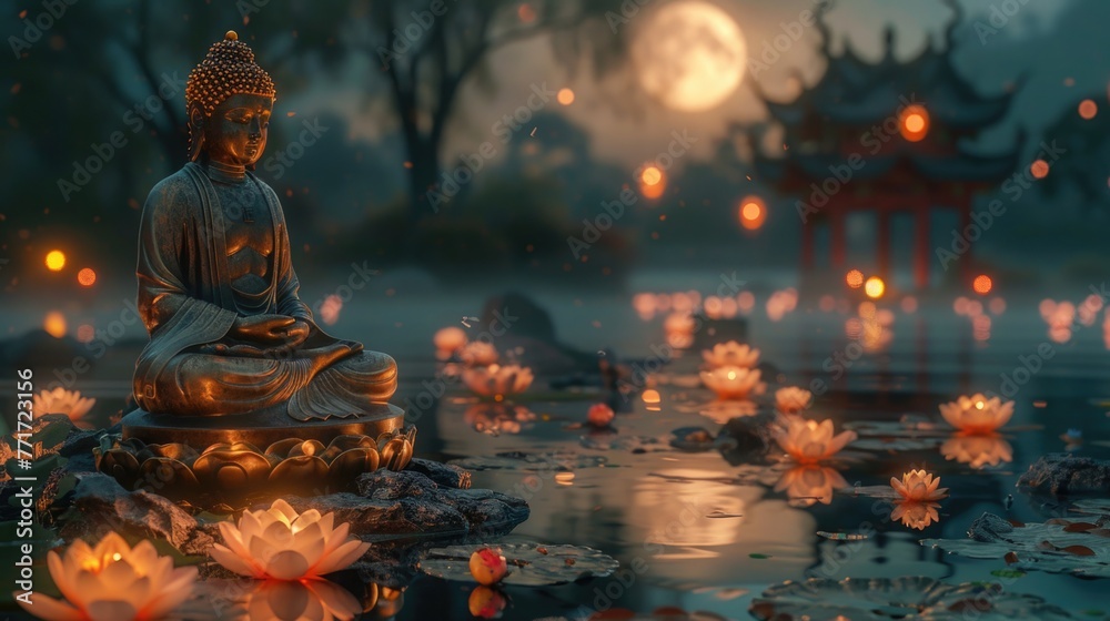 a golden Buddha statue under the full moon, surrounded by floating lotus flowers in a tranquil water garden. a serene and spiritual atmosphere. a golden Buddha statue under the full moon, surrounded by floating lotus flowers in a tranquil water garden. a serene and spiritual atmosphere.