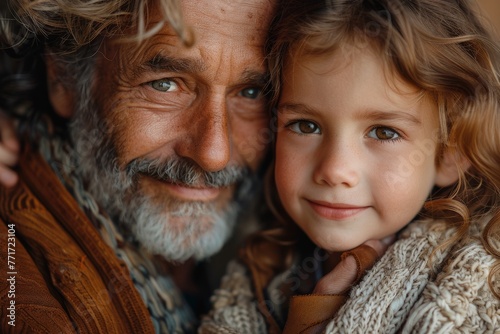 Elderly man with white beard smiling close to a young girl with brown hair, both look at camera © Larisa AI
