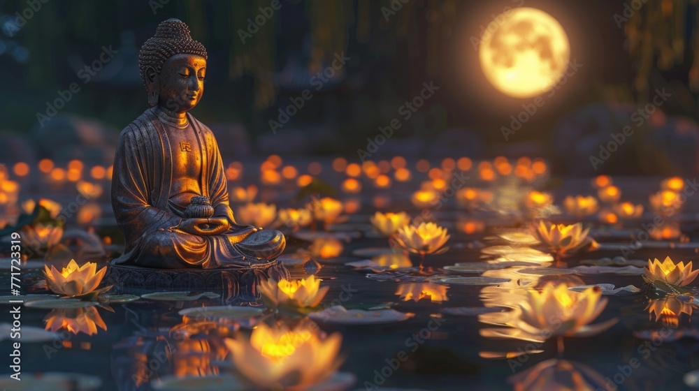 a golden Buddha statue under the full moon, surrounded by floating lotus flowers in a tranquil water garden. a serene and spiritual atmosphere.
