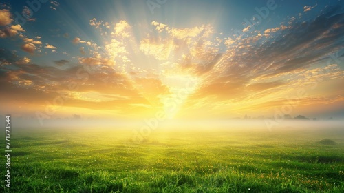  Sun shining bright through cloudy skies on green grass amidst foggy day