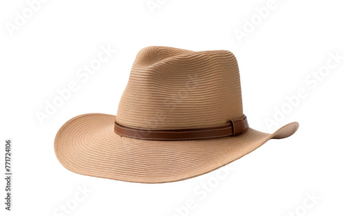 A tan hat adorned with a stylish brown belt wrapped around its brim