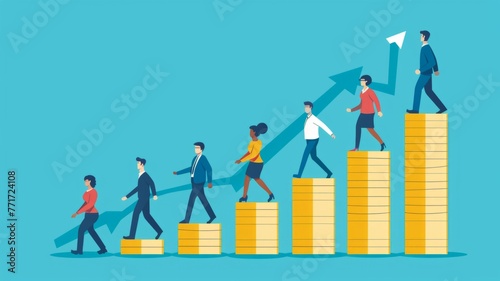 Animated team climbing coin stacks with arrow - Colorful illustration of a team ascending stacks of coins with an upward arrow, symbolizing business growth and teamwork