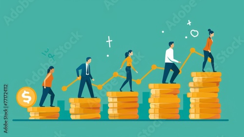 Ascending coin stairs with teamwork and graph - Illustration of professionals climbing money stairs with a graph, depicting teamwork, financial success, and growth