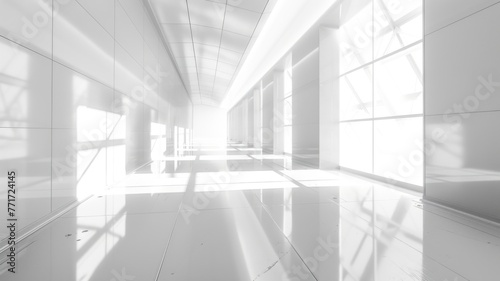 Bright white futuristic corridor with columns - A 3D rendered image of a bright, modern hallway with columns and sleek reflective floor, depicting futurism