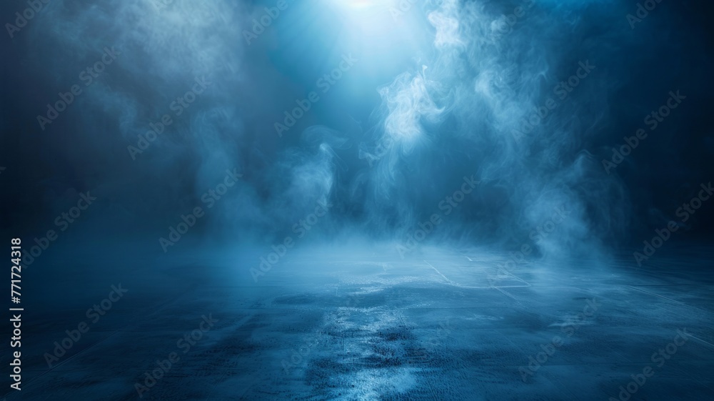 Ethereal blue smoke under a spotlight - This captivating image showcases a foggy scene with a dense, ethereal blue smoke under a spotlight, creating a mysterious atmosphere