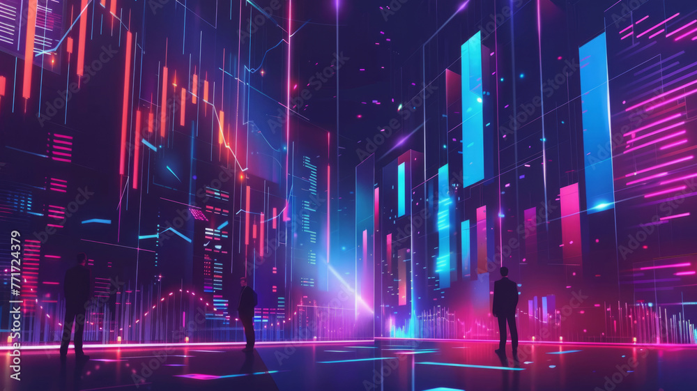 Futuristic cityscape with neon lights and figures - Digital artwork of a neon-lit future city with silhouetted figures brings a cyberpunk vibe to life