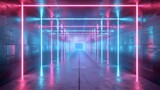 Futuristic neon light corridor render - Vibrant neon lights creating a futuristic corridor in a sci-fi setting with reflective concrete walls and luminous lines