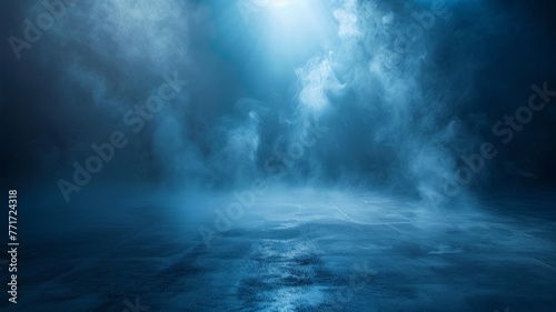 Ethereal blue smoke under a spotlight - This captivating image showcases a foggy scene with a dense, ethereal blue smoke under a spotlight, creating a mysterious atmosphere