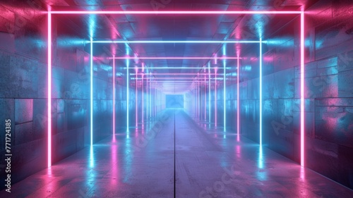 Futuristic neon light corridor render - Vibrant neon lights creating a futuristic corridor in a sci-fi setting with reflective concrete walls and luminous lines © Mickey