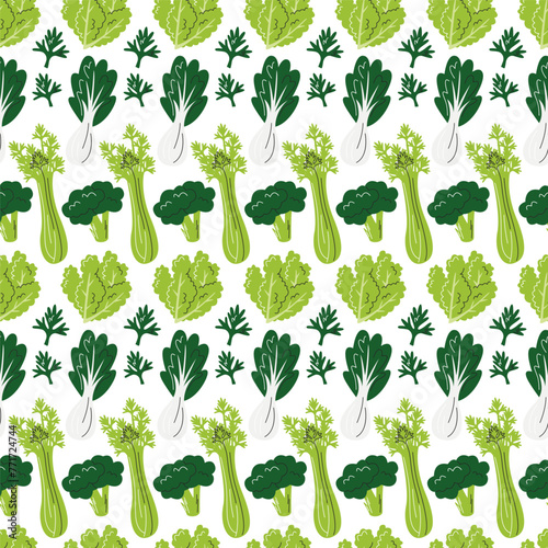 Green vegetables seamless pattern. Healthy smoothie ingredients isolated on white. Repeating background with celery, broccoli, cabbage, bok choy and dill. Veggies hand drawn flat vector illustration