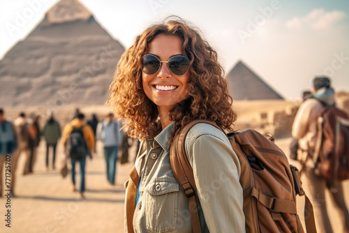 Smiling brunette woman with backpack traveling in Egypt.