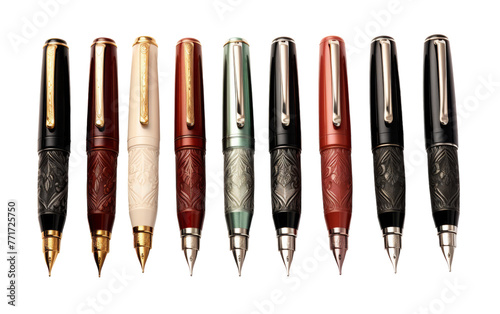 A vibrant array of pens of various colors and styles arranged neatly in a row photo