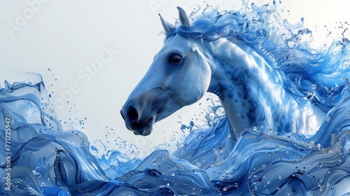  White horse in blue water  face splashed