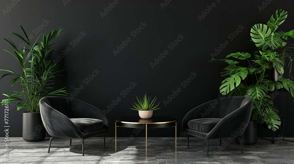 Black interior featuring a coffee table, plants, and armchairs. 3D rendered illustration mock-up