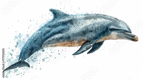  A watercolor depiction of a leaping dolphin emitting bubbles from its mouth
