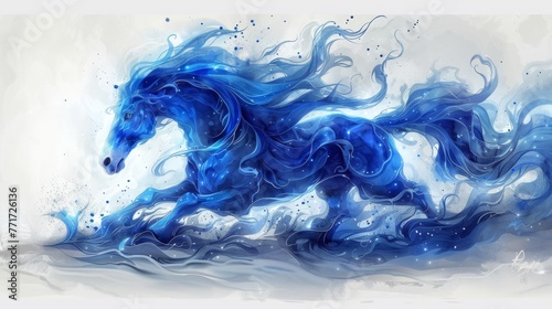  A digital painting of a blue equine leaping through the sky with droplets cascading from its hind legs