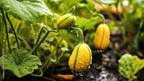 Three yellow squash with green stripes are sitting on a plant. The squash are wet from the rain photo