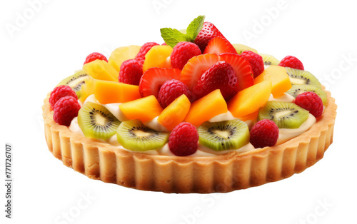 A delectable fruit tart adorned with an assortment of fresh  colorful fruits on top