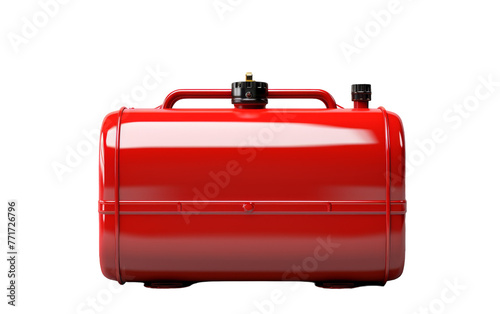 A vibrant red suitcase with a sturdy handle placed on a bright white background
