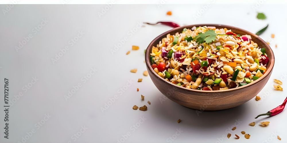 Delicious Indian Street Food: Bhel Puri with Puffed Rice, Vegetables, and Tangy Tamarind Sauce. Concept Indian Cuisine, Street Food, Bhel Puri, Puffed Rice, Vegetables, Tamarind Sauce - obrazy, fototapety, plakaty 
