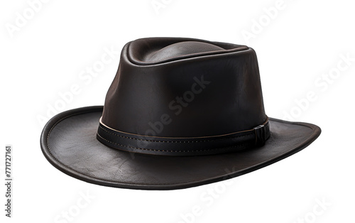 A sleek black hat with a leather band rests on a surface, exuding a sense of mystery and sophistication