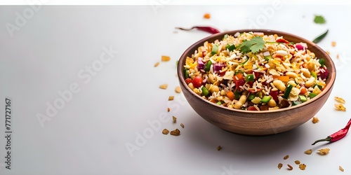 Delicious Indian Street Food: Bhel Puri with Puffed Rice, Vegetables, and Tangy Tamarind Sauce. Concept Indian Cuisine, Street Food, Bhel Puri, Puffed Rice, Vegetables, Tamarind Sauce