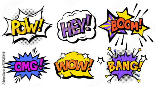 Collection of comic speech effects. Pop art comic book text speech bubble. Colored set sound bubble effects in pop art style. Vector illustration. EPS 10.
