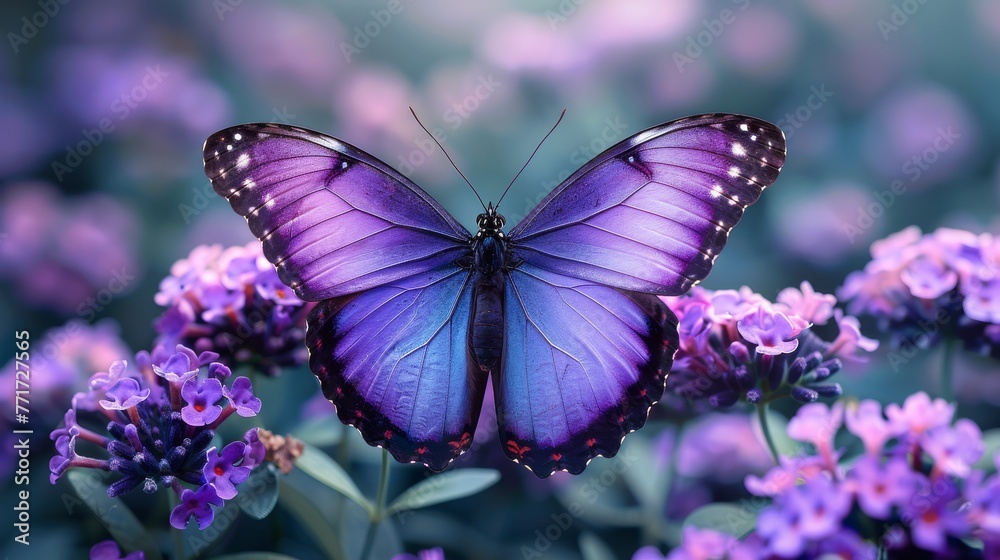 A close-up image of a butterfly resting on a plant with purple flowers in focus, and a softly blurred background A close-up image of a butterfly resting on a plant with purple flowers in focus, and a softly blurred background