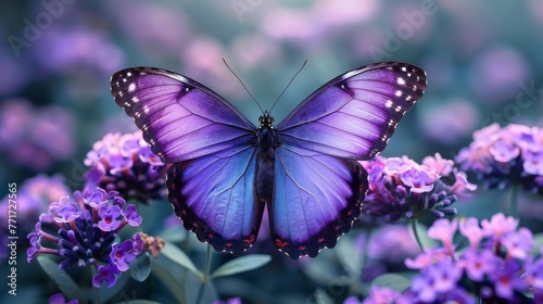  A close-up image of a butterfly resting on a plant with purple flowers in focus, and a softly blurred background