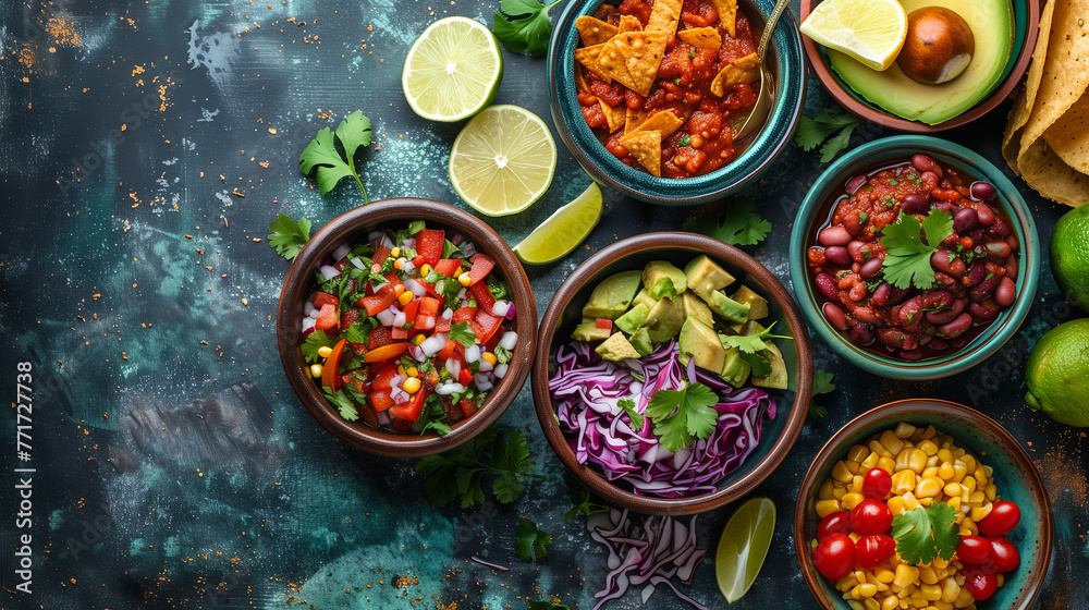 top view of mexican foods for cinco de mayo festival on the dark green table sush as salsa, guacamole, nachos top view of mexican foods for cinco de mayo festival on the dark green table sush as salsa, guacamole, nachos