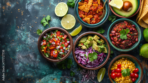 top view of mexican foods for cinco de mayo festival on the dark green table sush as salsa, guacamole, nachos