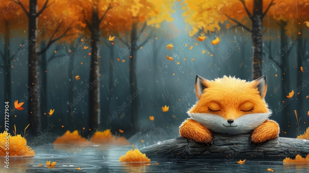 Fototapeta premium A picture of a fox napping on a log amidst an autumnal forest, surrounded by leaf-covered trees
