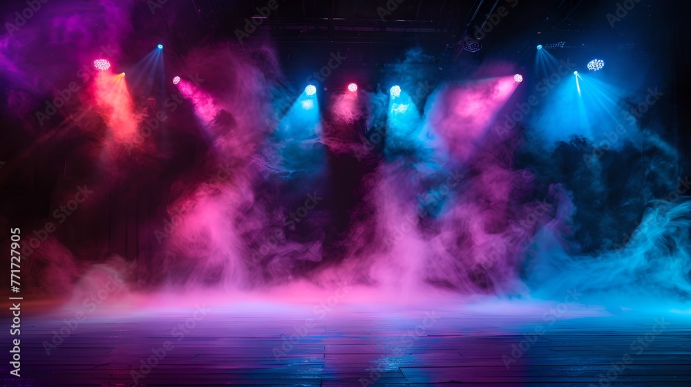 Vibrant Stage Lights with Fog. Dynamic Concert Lighting. Background for Music and Entertainment Events. Atmospheric Live Performance Scene. AI