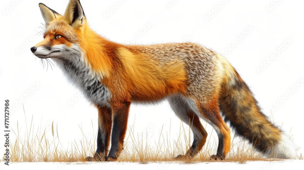  Red fox head-turned side, field grass close-up