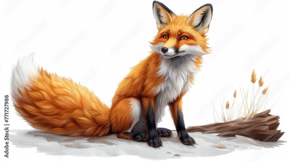 Fototapeta premium A red fox rests atop a snowy ground beside a fallen tree branch