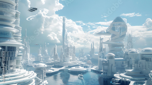 Futuristic metropolis with fantastic architecture, white buildings and blue sky, environmental friendliness, elegance, harmony of lines. 