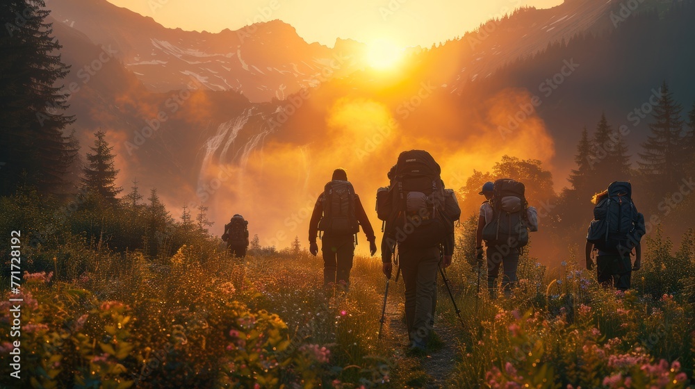 Breathtaking Sunset in the Mountains with a Group of Hikers