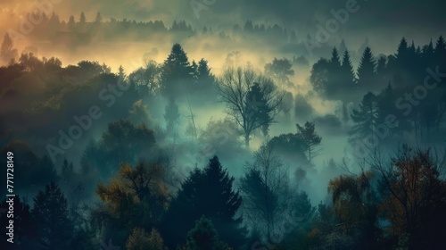  A forest, with many trees, fogs over it, and more trees within